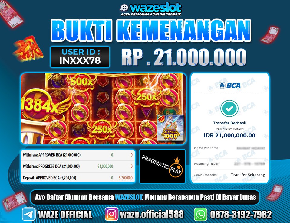 BUKTI KEMENANGAN 09 JUNI 2025 DI GAME GATES OF OLYMPUS 1000