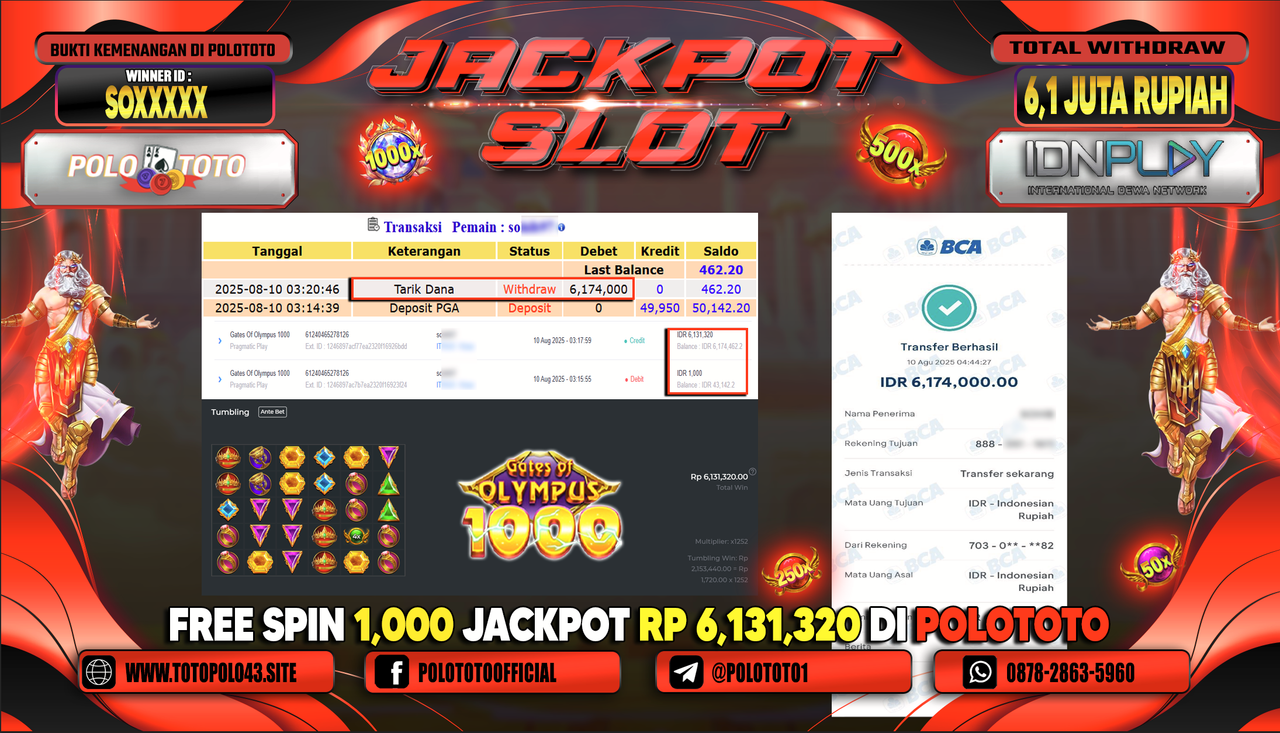 POLOTOTO JACKPOT SLOT GATES OF OLYMPUS 1000 Rp.6.100.000,-LUNAS