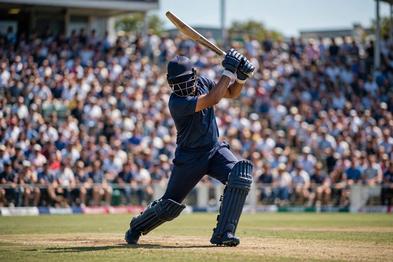 England batsman launching a powerful drive during a day ODI in front of a packed crowd