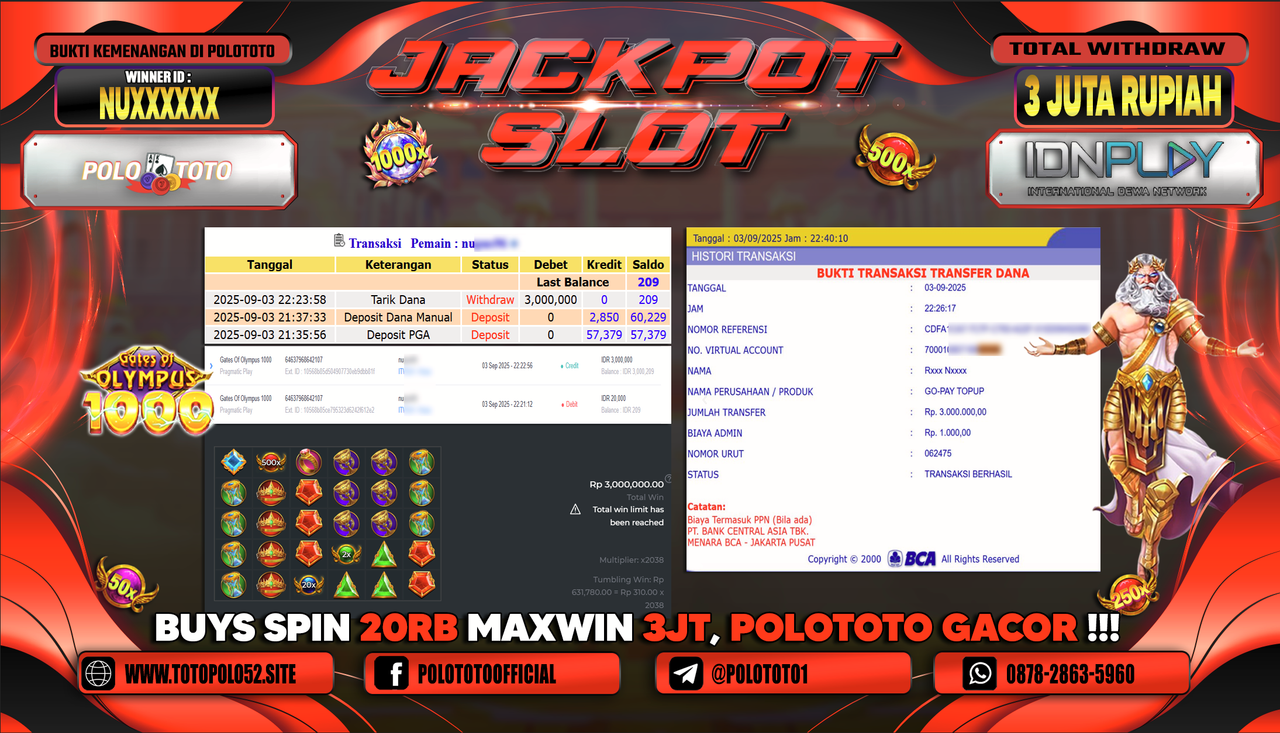 POLOTOTO JACKPOT SLOT GATES OF OLYMPUS 1000 Rp.3.000.000,-