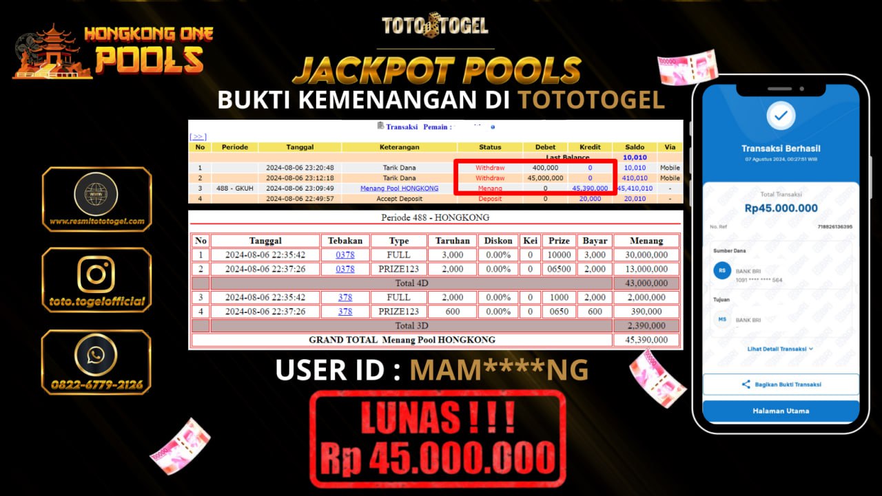 Bukti Pembayaran Permainan Pools Hongkong Dengan ID : MAM****NG LUNASS