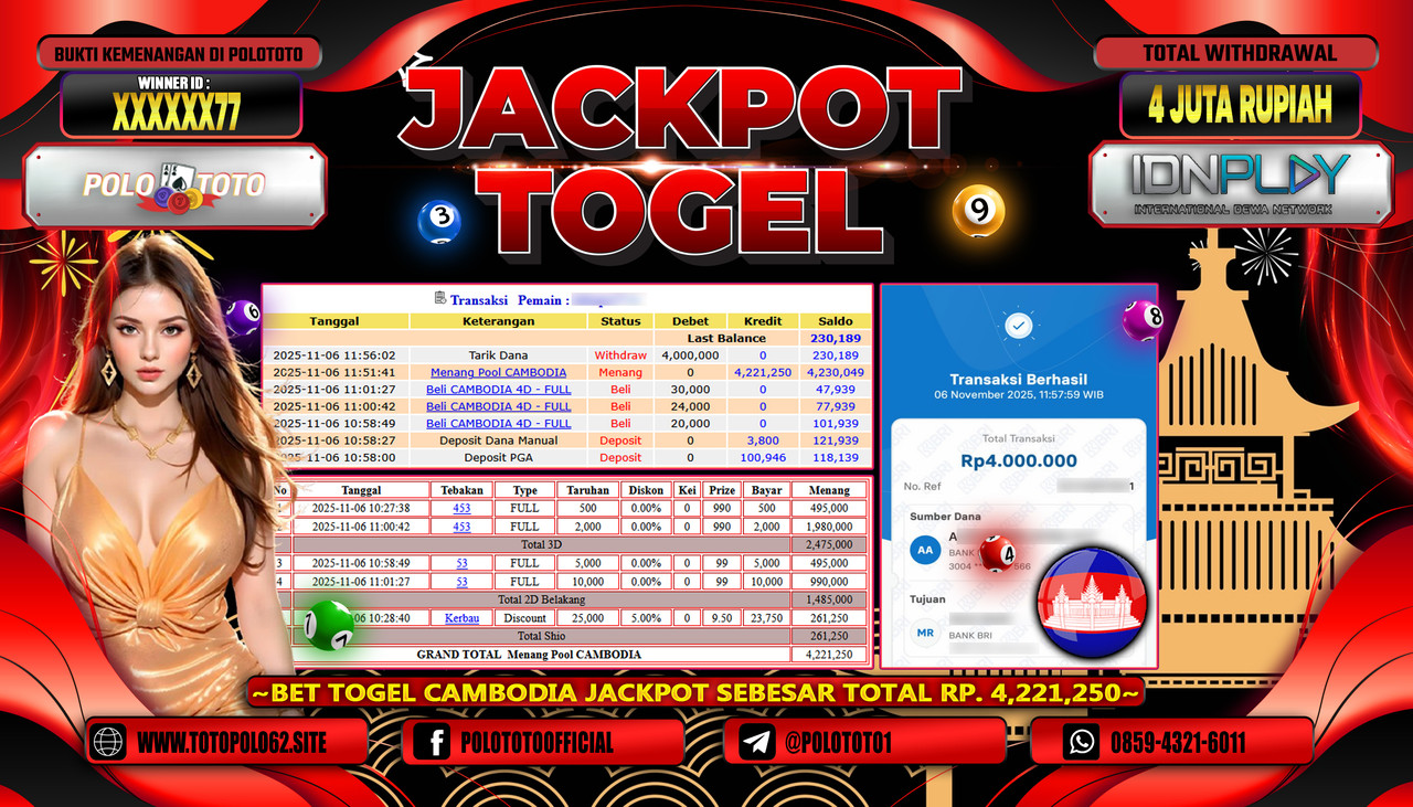 POLOTOTO JACKPOT TOGEL POOL CAMBODIA Rp.4.000.000,- LUNAS