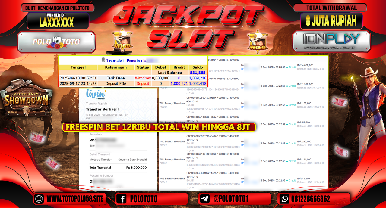 POLOTOTO JACKPOT SLOT WILD BOUNTY SHOWDOWN Rp.8.000.000,-
