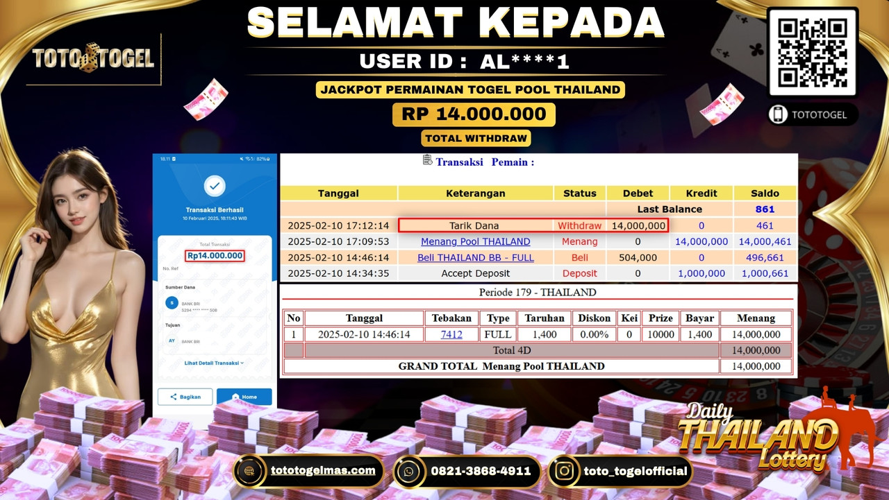 Bukti Pembayaran Jackpot  Permainan Togel Pool Thailand  ID:AL****1  LUNAS