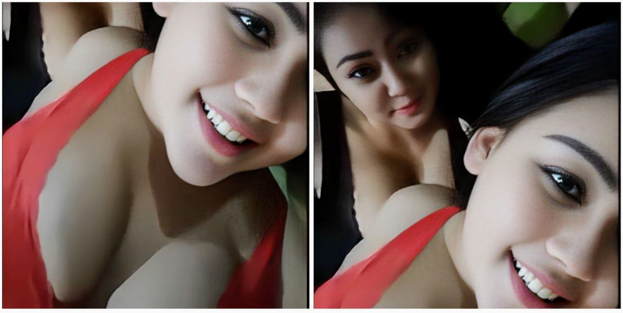 Two beautiful girls showing her cleavage closeup