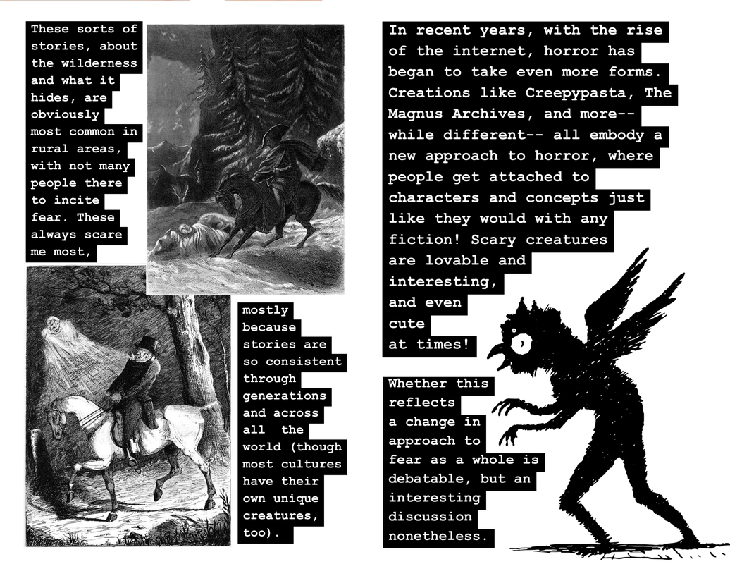 The fifth and sixth page of a zine titled 'Oh, the HORRORS! a zine on horror (wow) & all its forms'.