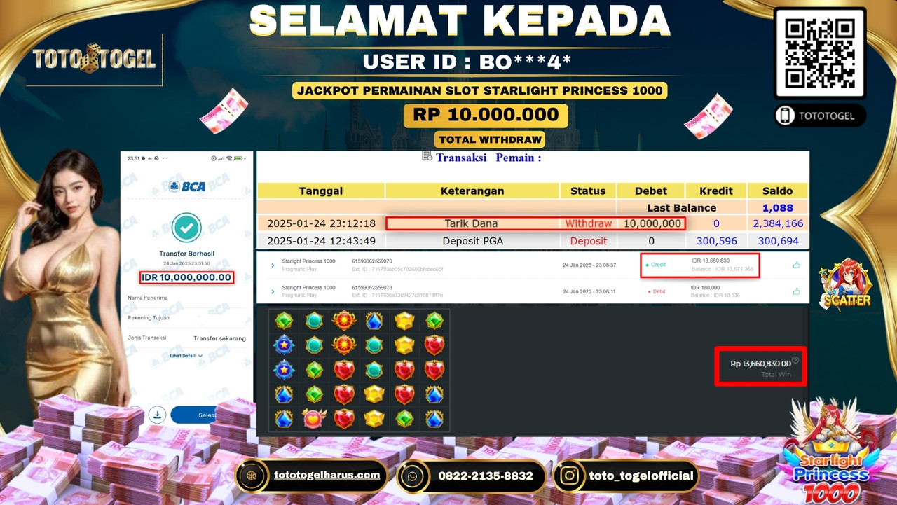 Bukti Pembayaran Jackpot  Permainan Slot Starlight Princess 1000  ID:BO***4*  LUNAS