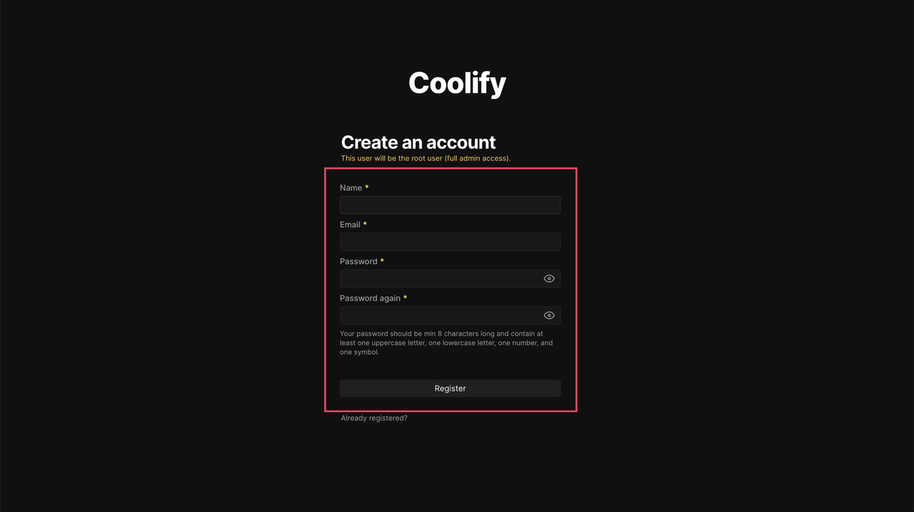 Coolify Registration Page