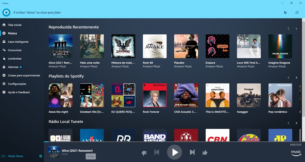 Tela principal do aplicativo Alexa na guia música. Imagem: reprodução.