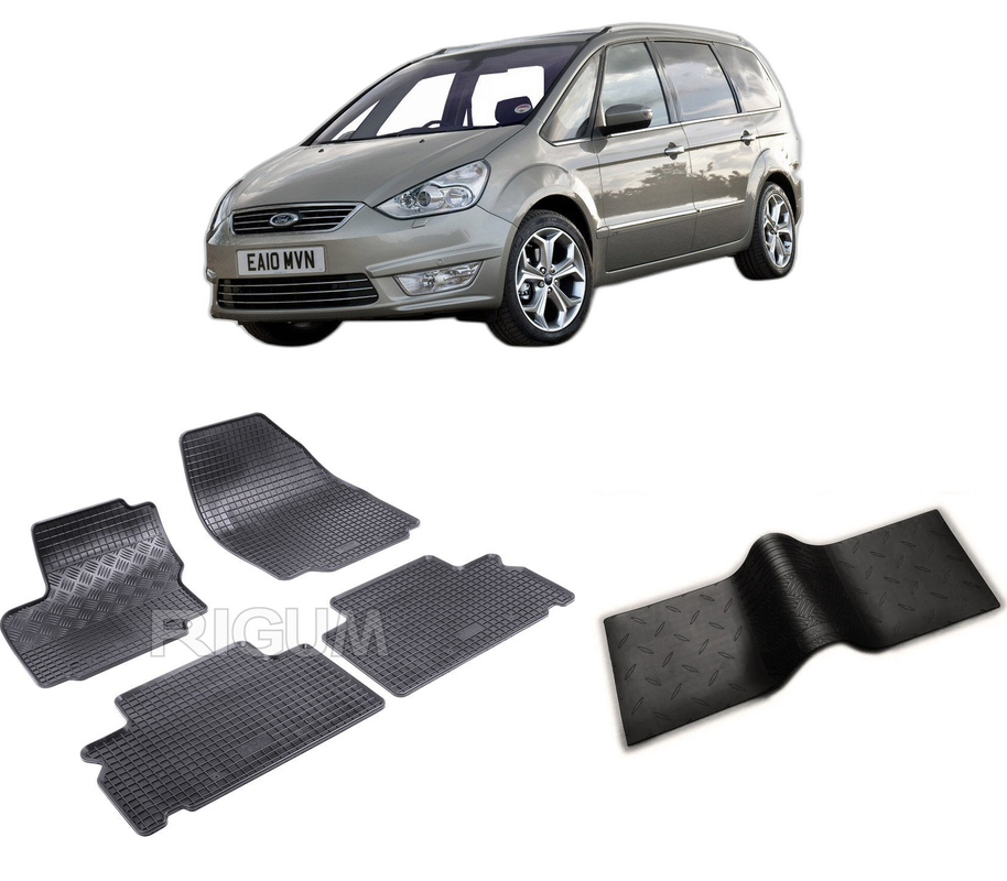 Set covorase auto FORD GALAXY II din 06.2006-08.2015, cu covoras tunel median, CAROSERIE VAN 5 LOCURI, Presuri cauciuc 100%, compatibil cu autoturismul FORD GALAXY II, Rigum