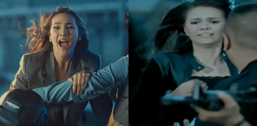 Anya Geraldine dan Firrina Sinatrya saat beradegan menembus barikade untuk menemui pemeran Jefri Nichol dan Ariel.