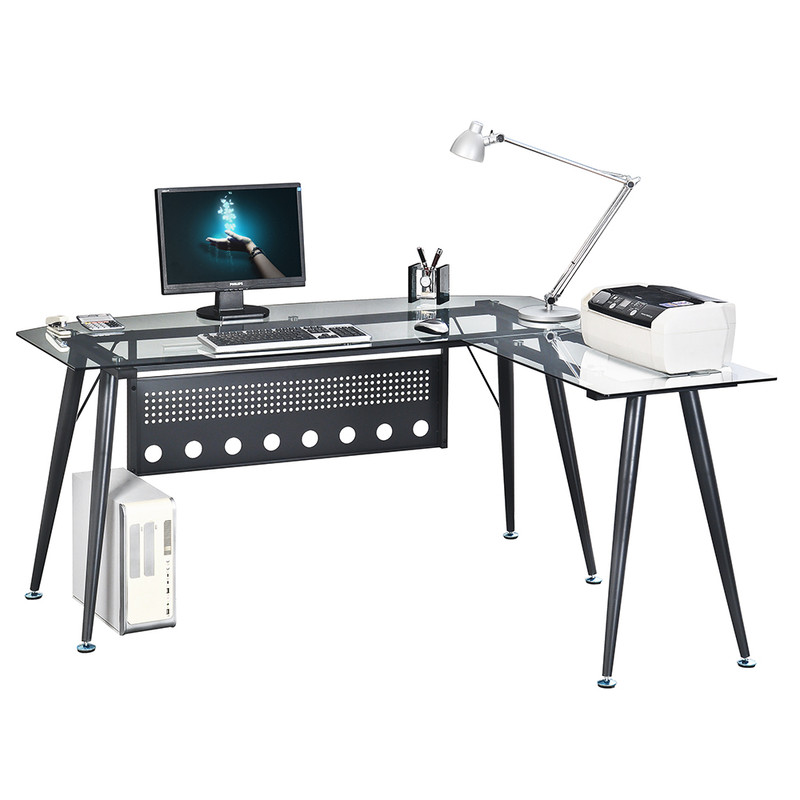 Escritorio de computadora Starken con tope de cristal negro, estructura metálica y bandeja para teclado.