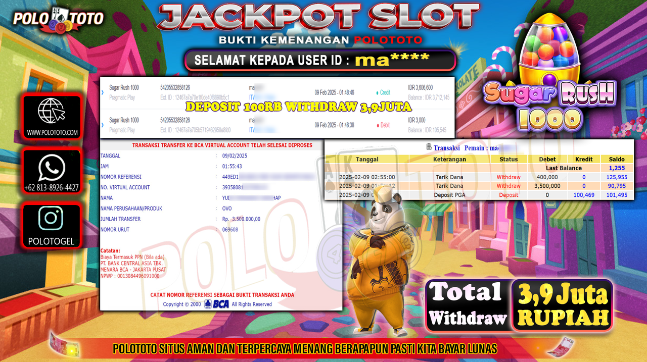 POLOTOTO JACKPOT SLOT SUGAR RUSH 1000 Rp.3,900.000,-