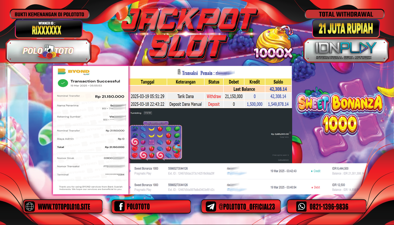 POLOTOTO JACKPOT SLOT SWEET BONANZA 1000 Rp.21.150.000,-