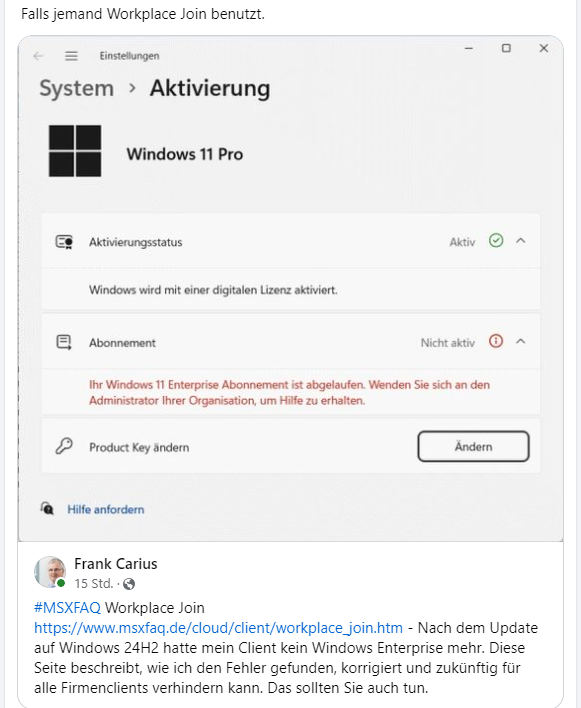 Windows 11 24H2 verliert Aktivierung beim Workplace Join