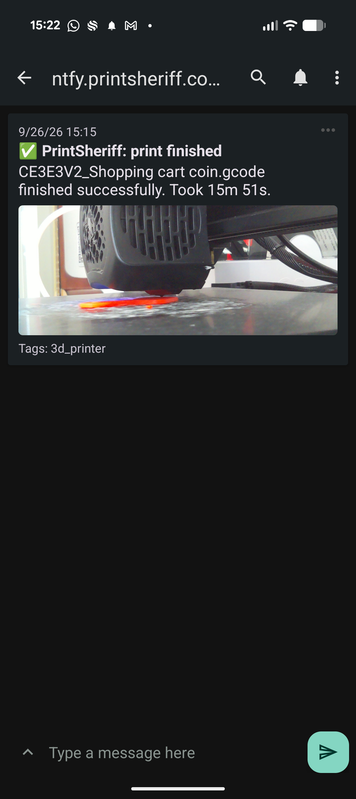 ntfy mobile app notification showing print finished alert