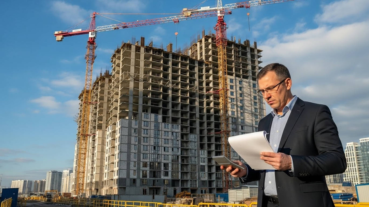 Строительная площадка с башенным краном и финансовым анализом