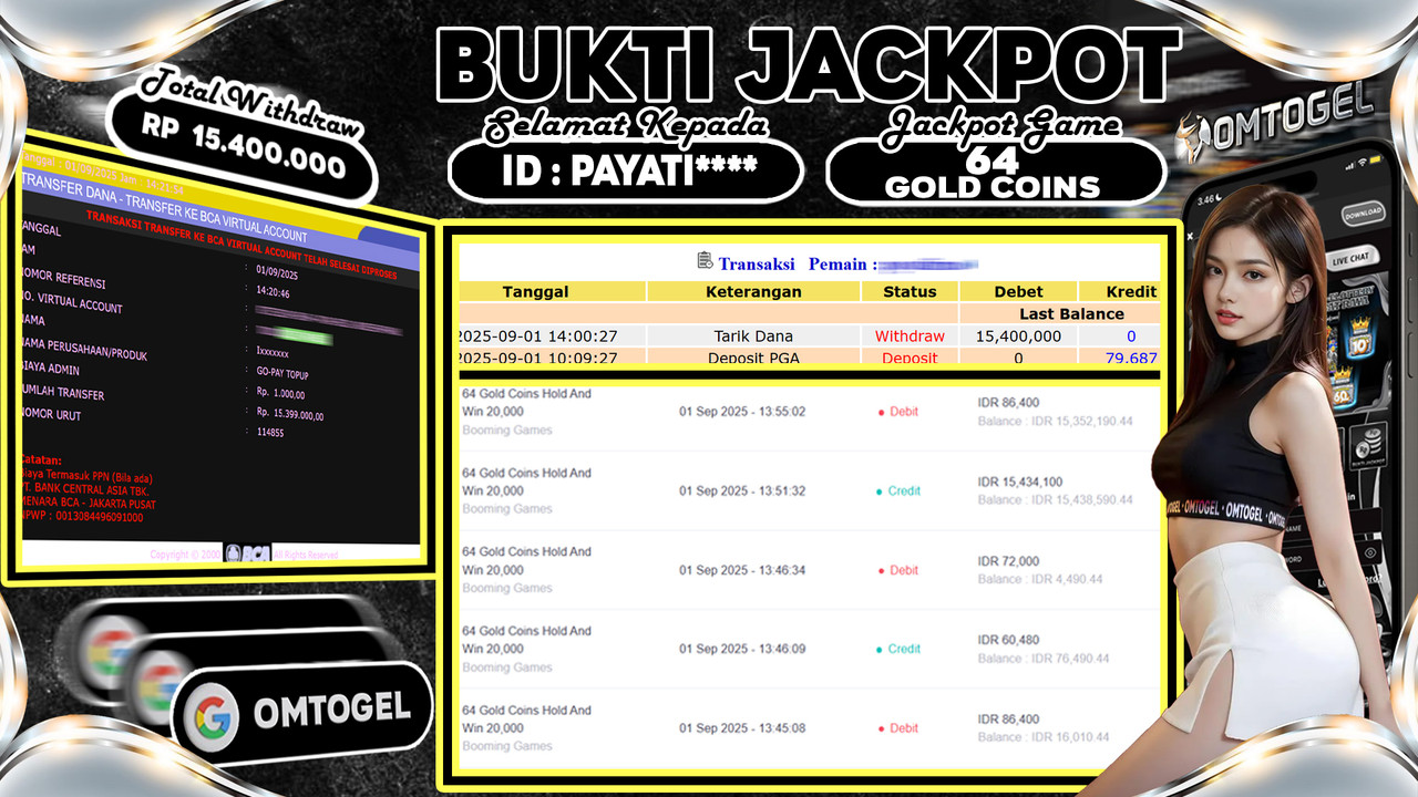 OMTOGEL JACKPOT BOOMING GAMES 64 GOLD COINS HOLD AND WIN 20,000 15 JUTA DI BAYAR LUNAS ,-