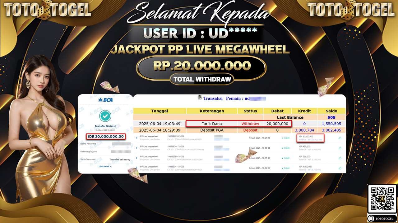 Bukti Pembayaran Jackpot Permainan Live Game PP Live Megawheel ID:UD***** LUNAS