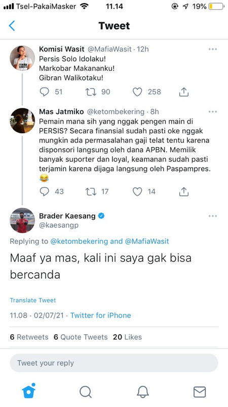Kaesang Pangarep menanggapi akun @ketombekering yang menuduh Persis Solo menggunakan dana APBN.