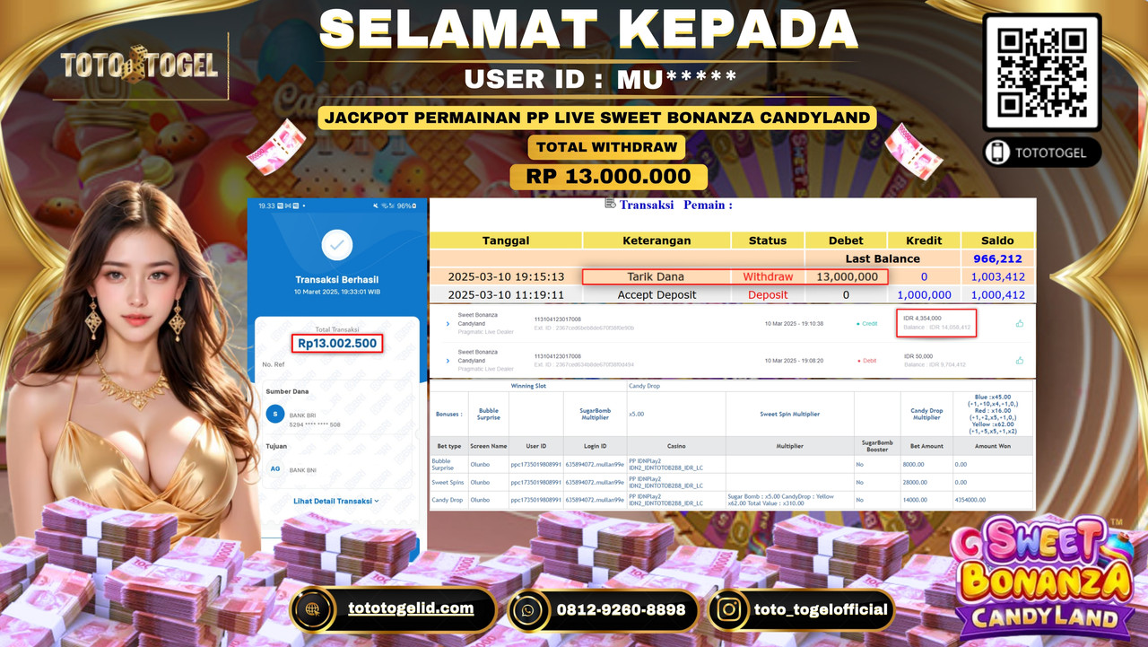 Bukti Pembayaran Jackpot  Permainan Pp Live Sweet Bonanza Candyland ID:MU***** LUNAS