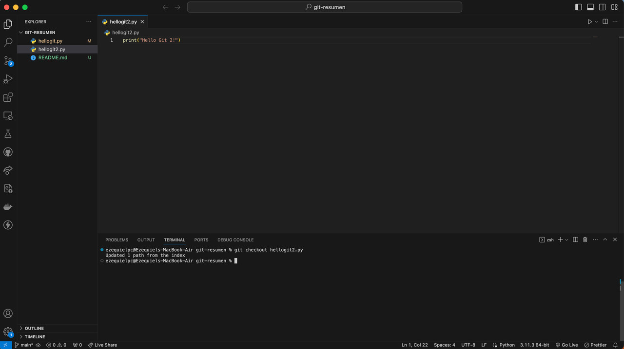 Ejecucion comando git checkout Git status y Git log