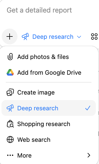 ChatGPT Deep Research toggle in the message composer