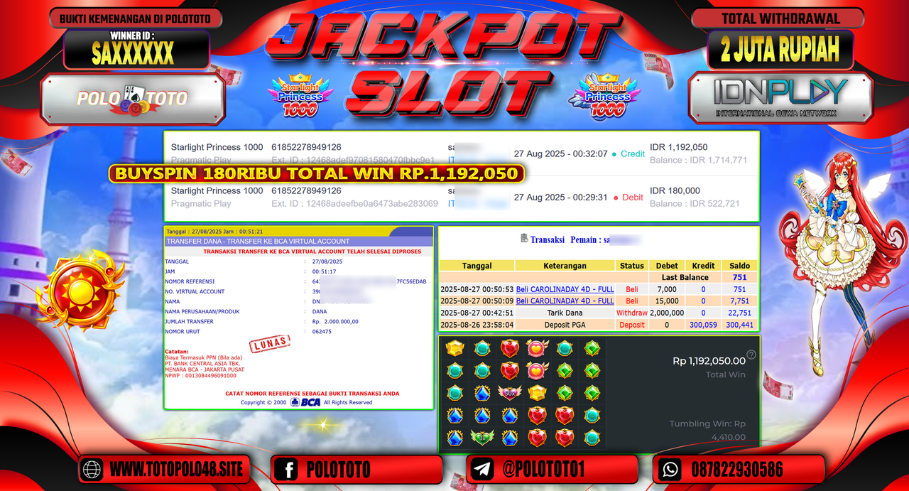 POLOTOTO JACKPOT SLOT STARLIGHT PRINCESS 1000 Rp.2.000.000,-