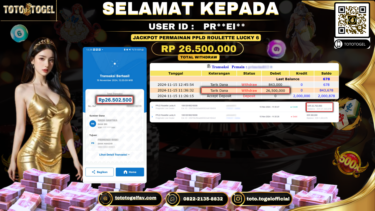 Bukti Pembayaran Jackpot Permainan Ppld Roulette Lucky 6 ID: PR**EI** LUNAS 