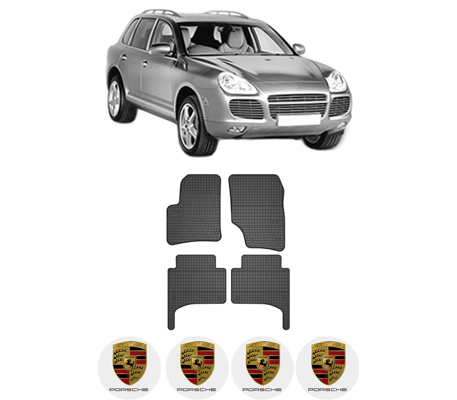 Set covorase presuri PORSCHE CAYENNE (9PA) din 2002-2010, auto, din cauciuc thermoplastic, 4 Stickere auto cu PORSCHE