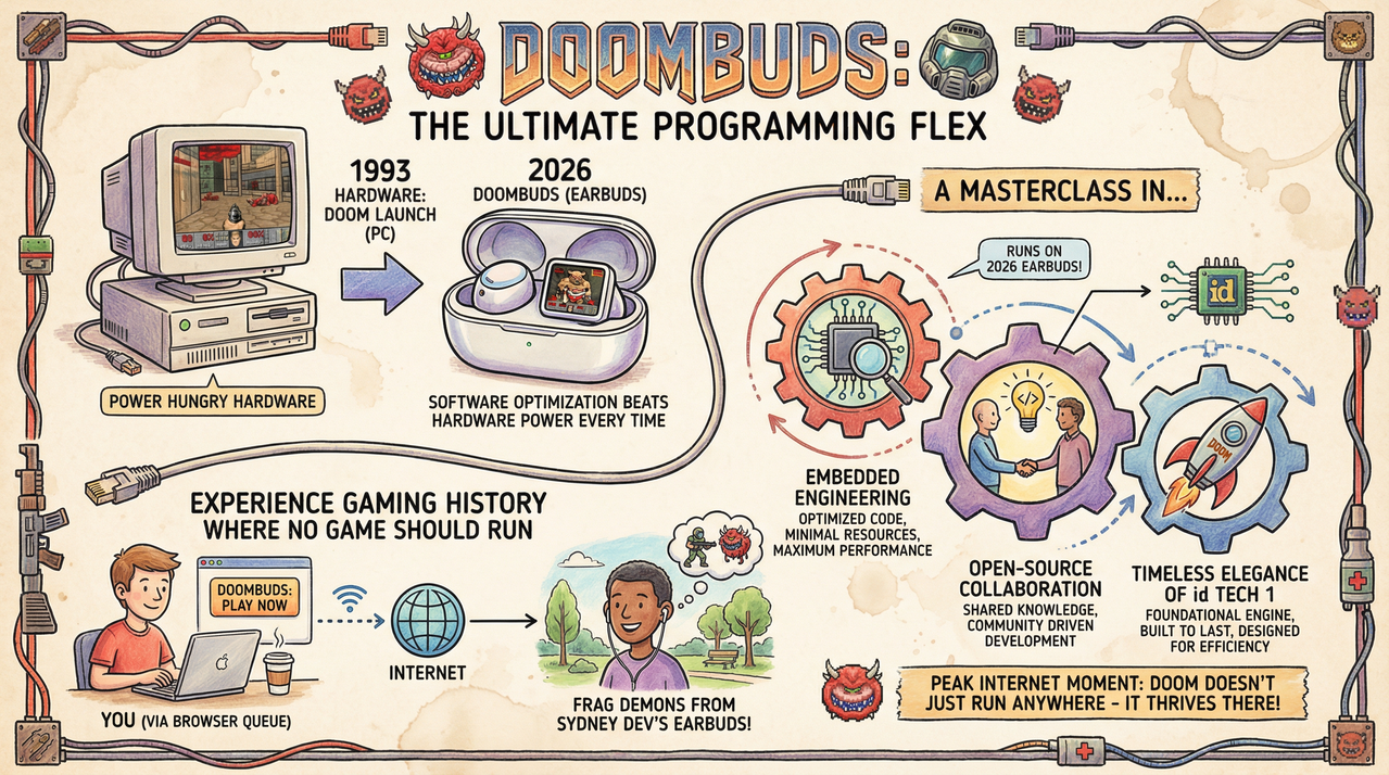 Close-up of wireless earbuds representing Doombuds Doom port innovation
