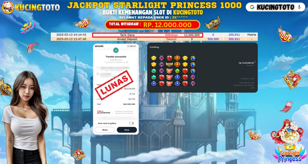 KUCINGTOTO JACKPOT SLOT STARLIGHT PRINCESS 1000 RP.12.000.000.,- LUNAS