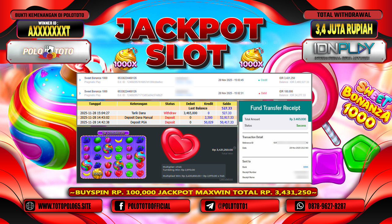 POLOTOTO JACKPOT SLOT SWEET BONANZA 1000 Rp.3.400.000,- LUNAS