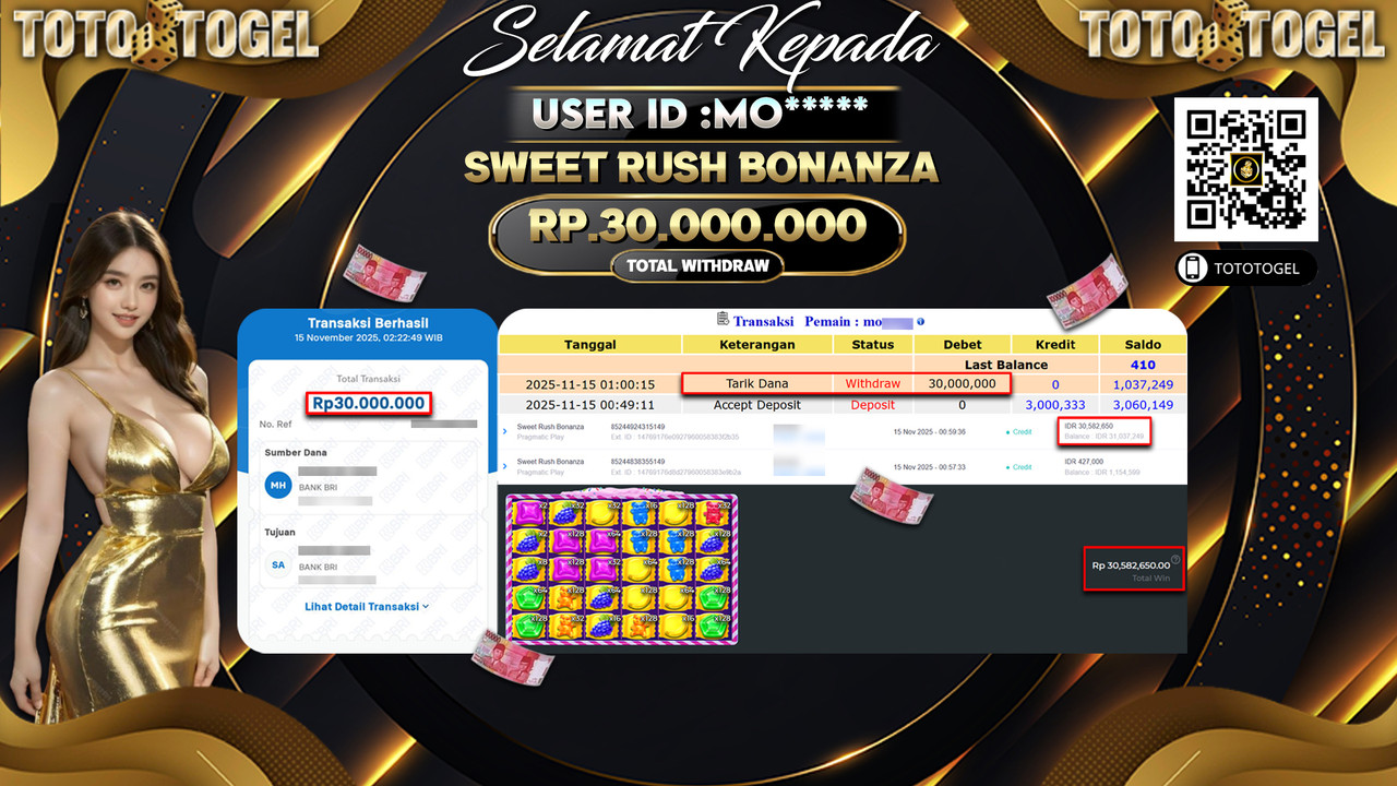 Bukti Pembayaran Jackpot Permainan Slot Sweet Rush Bonanza ID:MO***** LUNAS