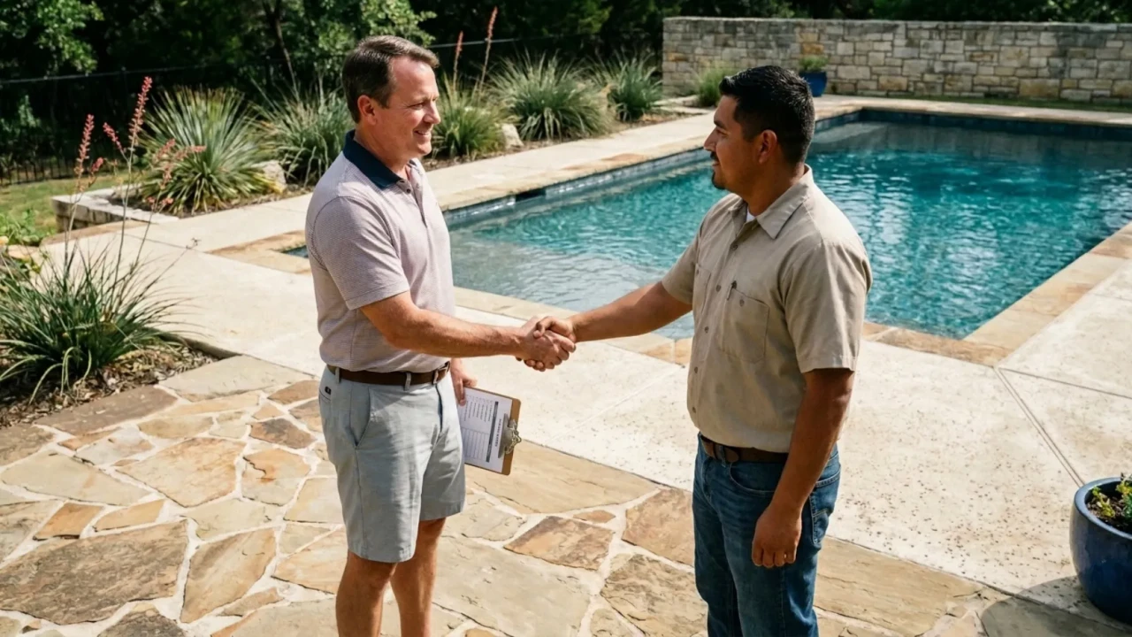 Homeowner interviewing pool deck repair contractor San Antonio with checklist