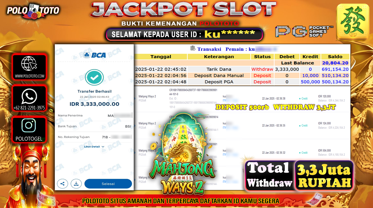 POLOTOTO JACKPOT SLOT MAHJONG WAYS 2 Rp.3,333.000,-