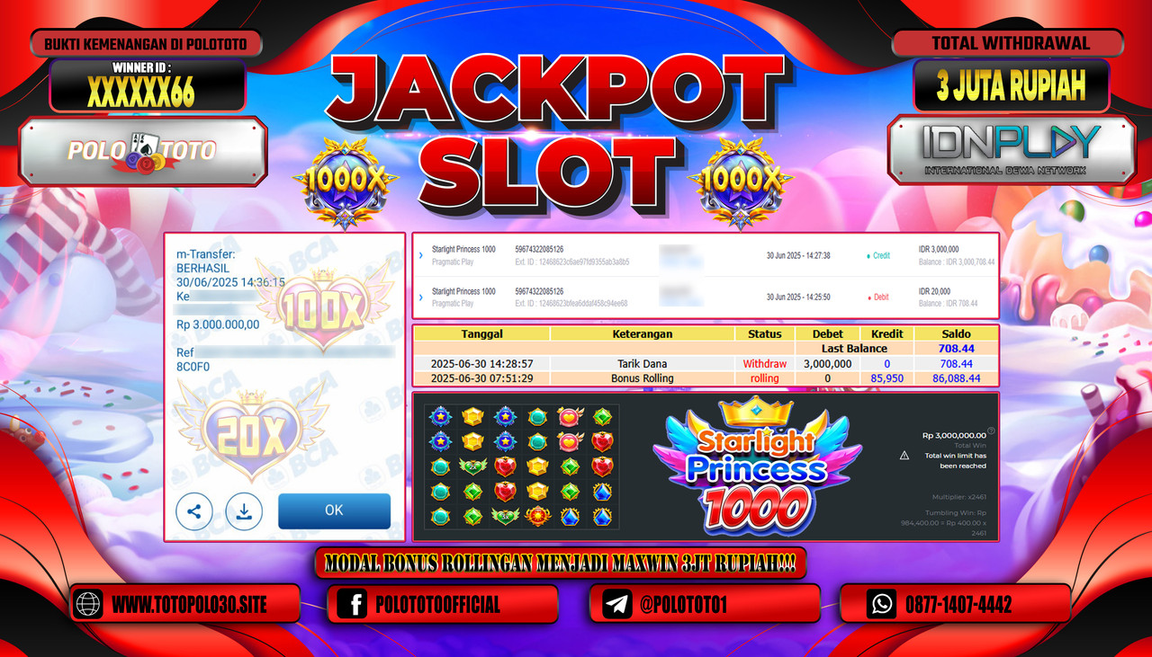 POLOTOTO JACKPOT SLOT STARLIGHT PRINCESS 1000 Rp.3.000.000,- LUNAS