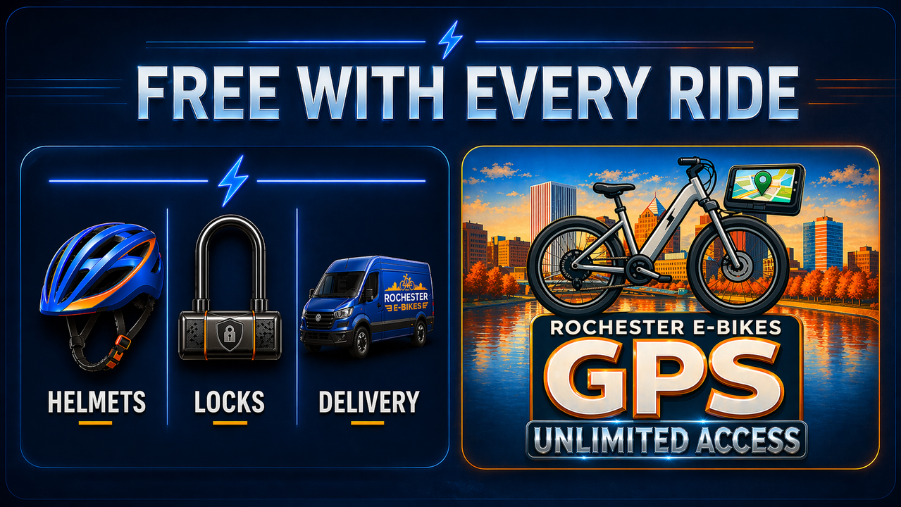 Free With Every Ride and GPS Unlimited Access banner for Rochester E-Bikes