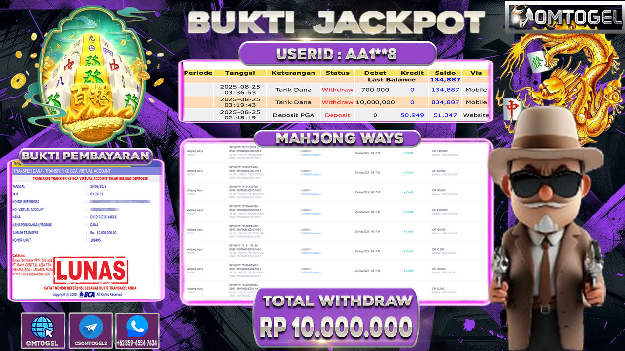 OMTOGEL JACKPOT PGSOFT MAHJONG WAYS 10 JUTA DI BAYAR LUNAS ,-