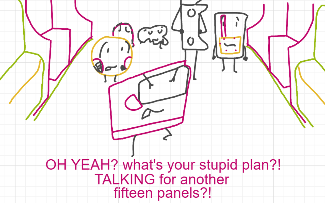 A panel from A Murder On The, episode six of the Board Boards object show by Furretwalk/WalkingFurret.