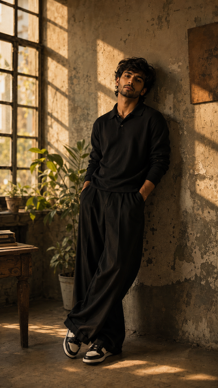 Example result for: Industrial Glow: Leaning Portrait in a Sunlit Vintage Room Prompt