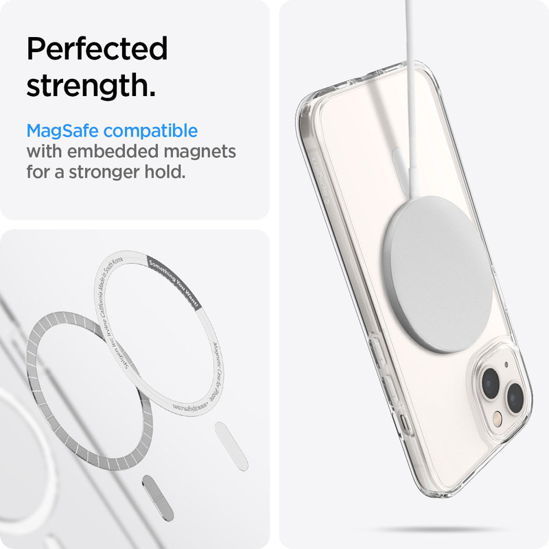 El forro Spigen mostrando su anillo MagSafe integrado y su compatibilidad con accesorios.