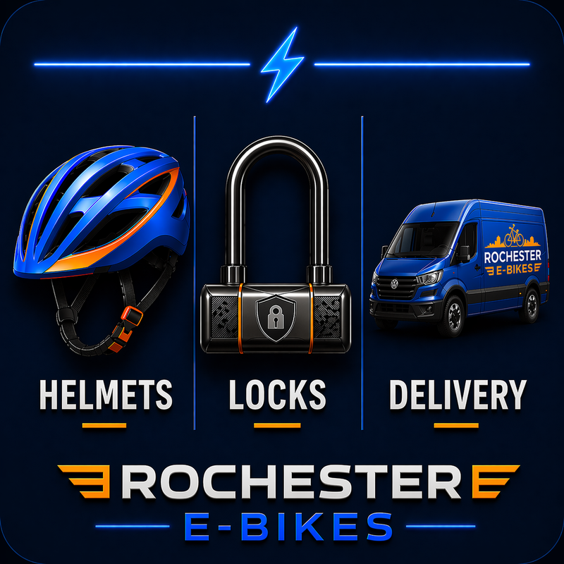 Helmets, locks, delivery, and Rochester E-Bikes features