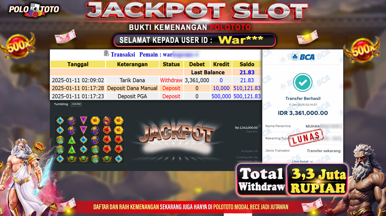 POLOTOTO JACKPOT SLOT GATES OF OLYMPUS 1000 Rp.3,361.000,-