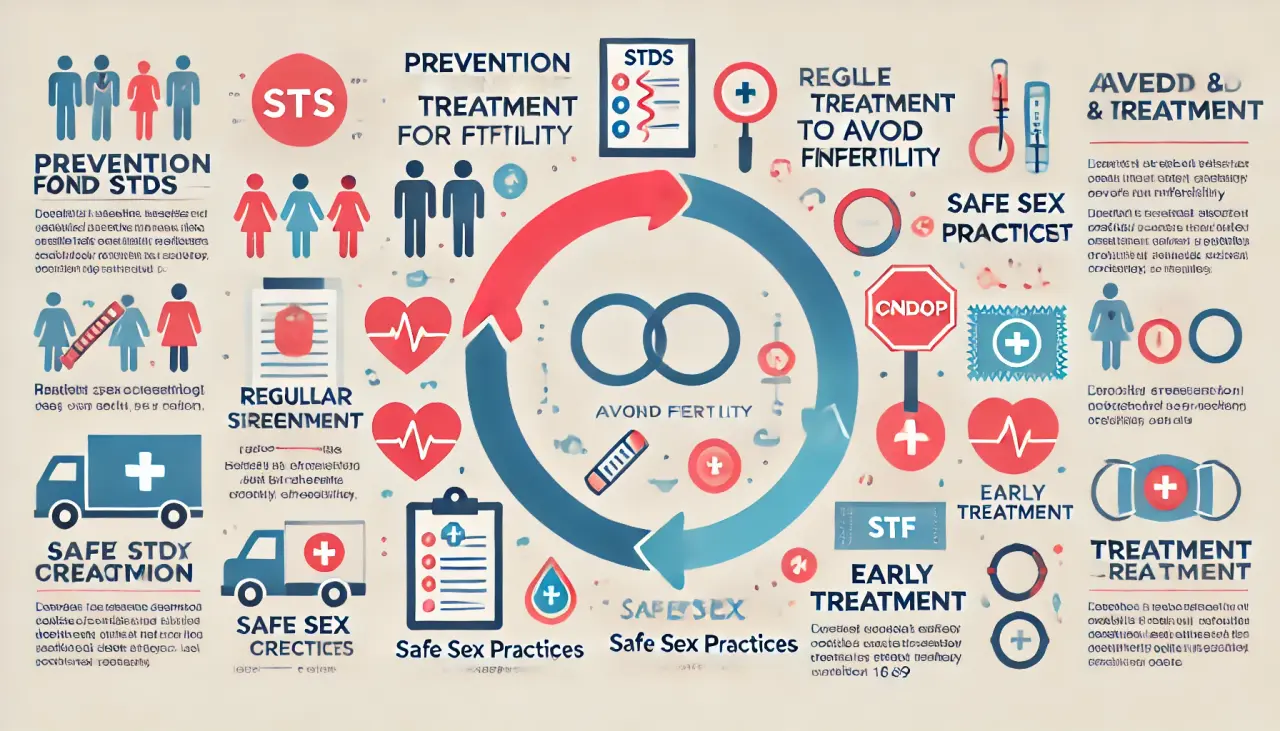 Prevention and treatment of STDs to avoid infertility, including regular screenings and safe sex practices.