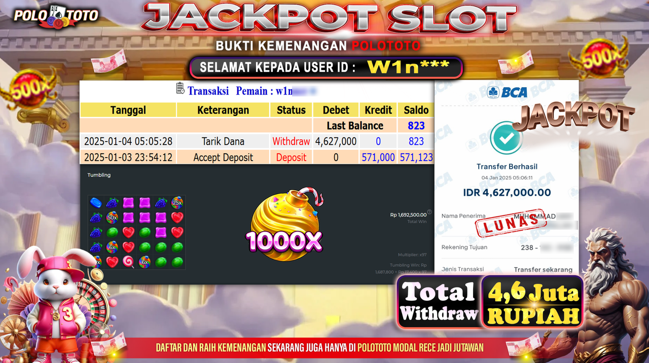 POLOTOTO JACKPOT SLOT SWEET BONANZA 1000 Rp.4,627.000,-