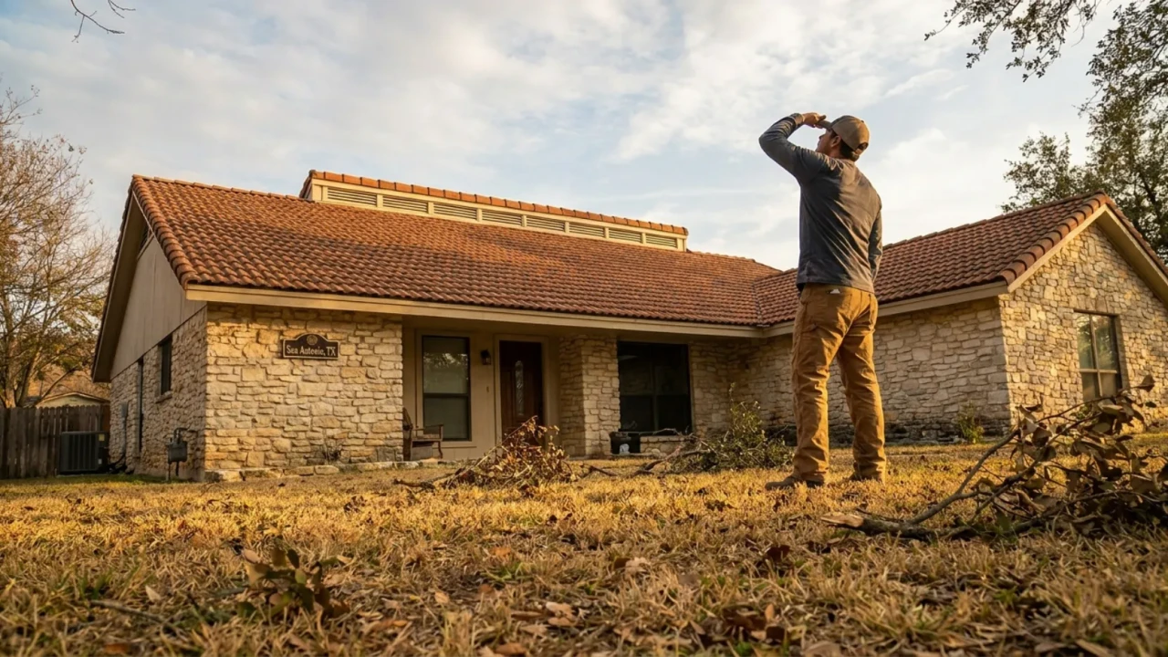 San Antonio homeowner assessing roof damage after a storm safely from the ground
