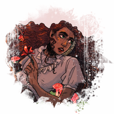 ID: An image of Mabel, a mexican woman with flowers around her. She appears on the phone.
