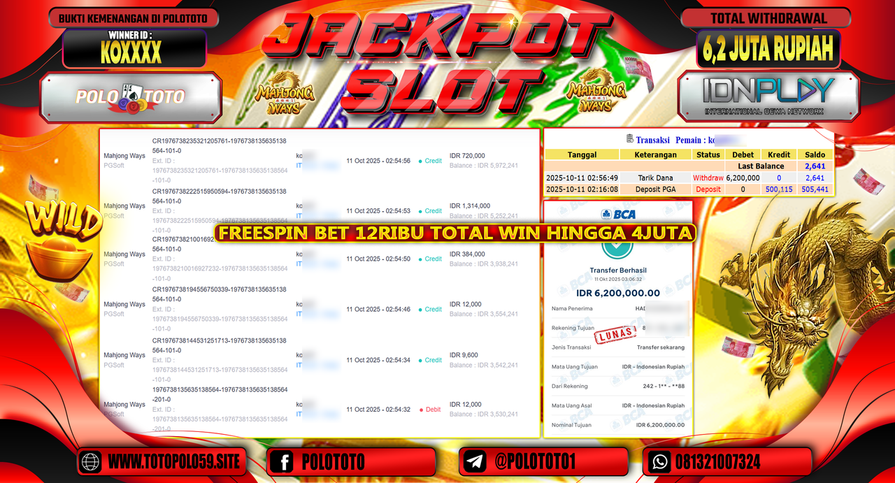 POLOTOTO JACKPOT SLOT MAHJONG WAYS Rp.6.200.000,- LUNAS