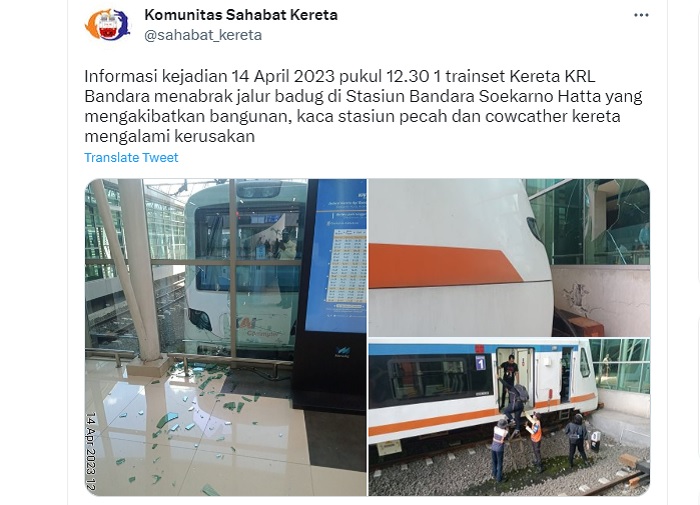 Unggahan yang menampilkan kereta bandara menabrak jalur badug (buntu) di Stasiun Bandara Soekarno-Hatta, Jumat (14/4/2023).